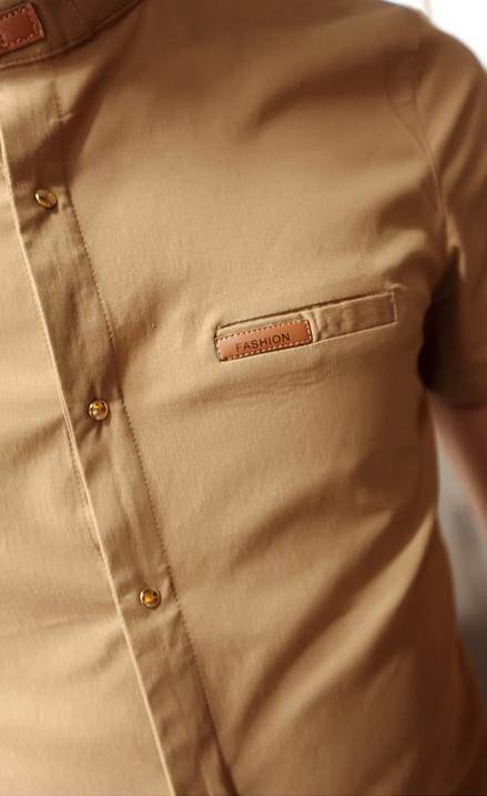 เสื้อเชิ้ตคอจีนแขนสั้น แต่งคอเข็มขัด สีดำ เขียว กากี No.34 36