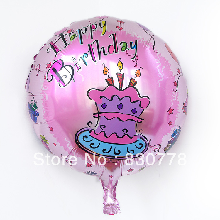 ลูกโป่งฟลอย์ Happy Birthday ทรงกลมพื้นชมพูลายเค้ก - Happy Birthday Cake Round Balloons / Item No. TL-D021