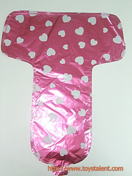 ลูกโป่งฟอยล์รูปตัวอักษร T สีชมพูพิมพ์ลายหัวใจ ไซส์เล็ก 14 นิ้ว - T Letter Shape Foil Balloon Size 14" Pink color printing Heart