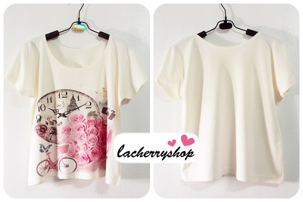 (หมดจ้า) เสื้อยืด เสื้อสกรีน เสื้อแฟชั่น สีครีม ลายดอกไม้ นาฬิกา สวยหวาน สไตล์วินเทจค่ะ