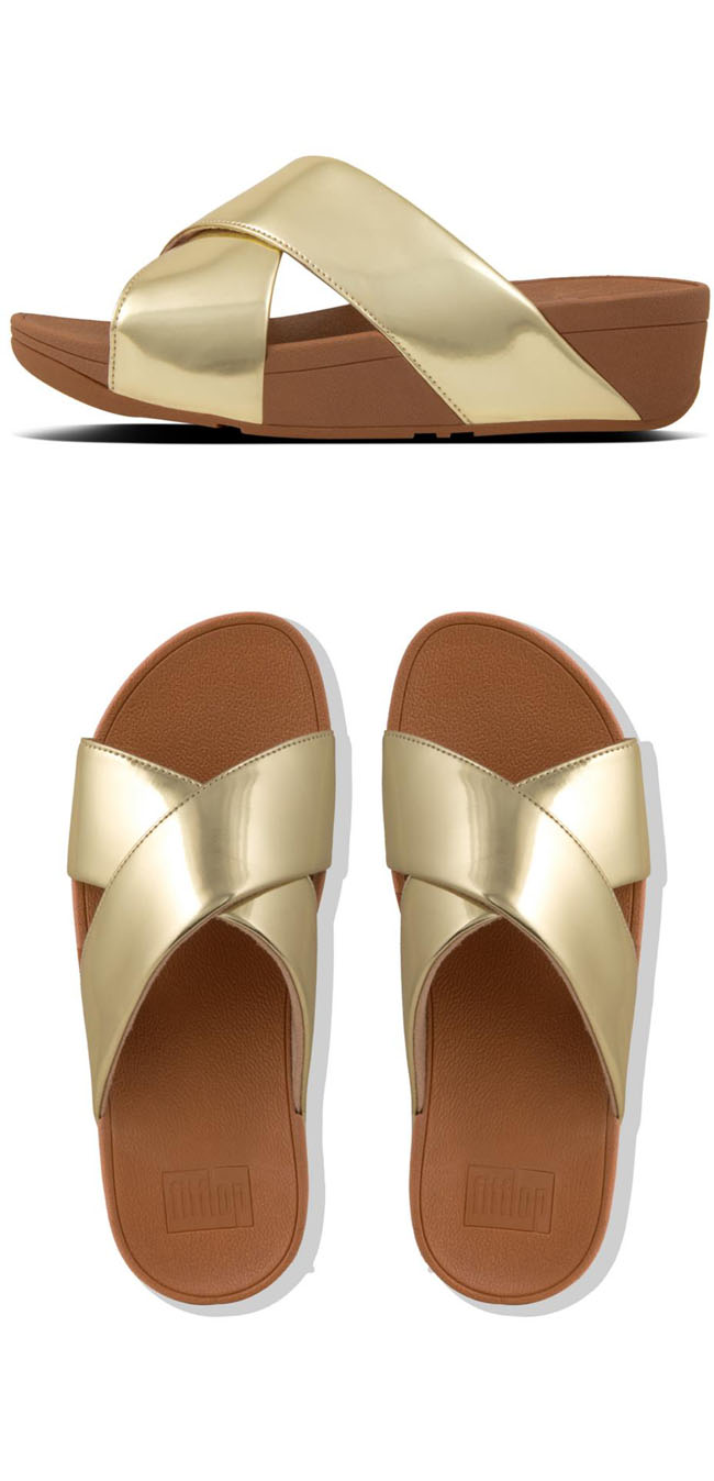 Fitflop Lulu Leather Cross Slide Gold Mirror ของแท้ นำเข้าจาก USA และ UK