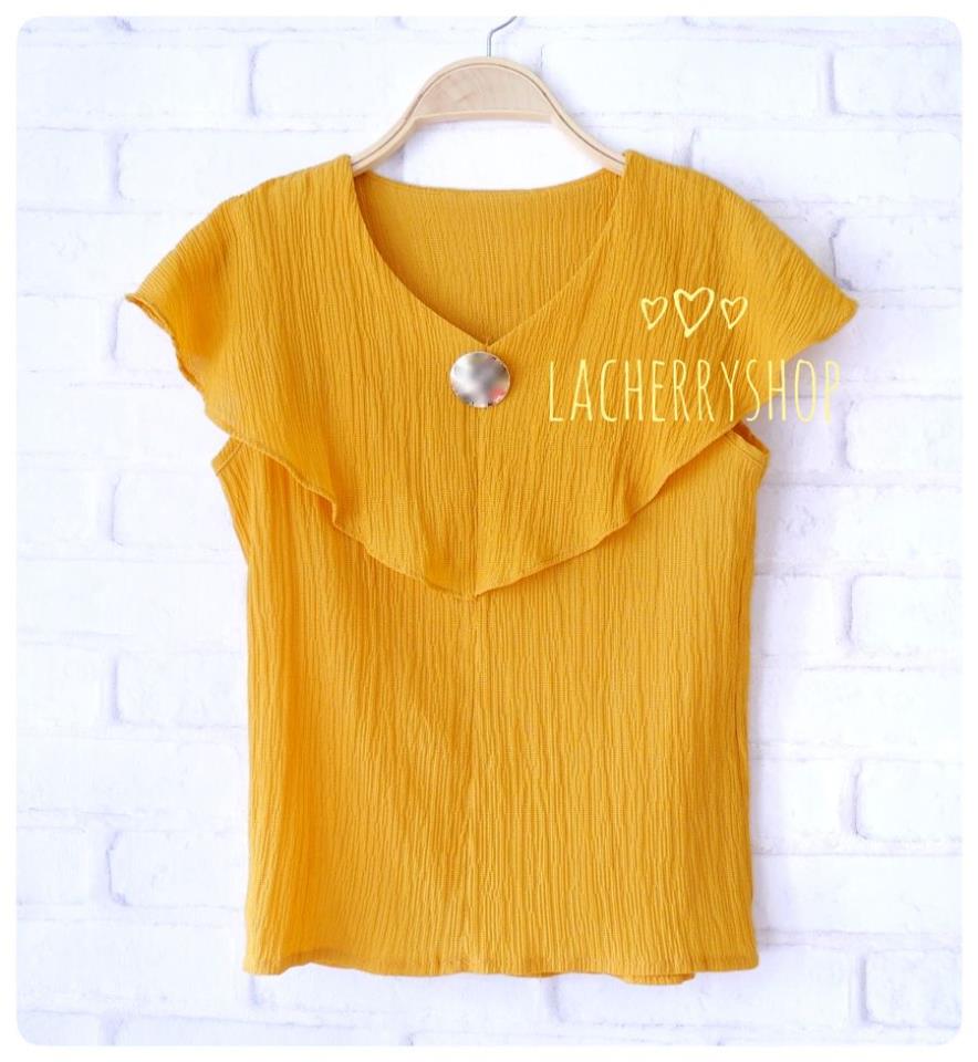 เสื้อแฟชั่น เสื้อทำงาน สีเหลืองมัสตาร์ด แต่งระบายอกพริ้วๆสวยๆ