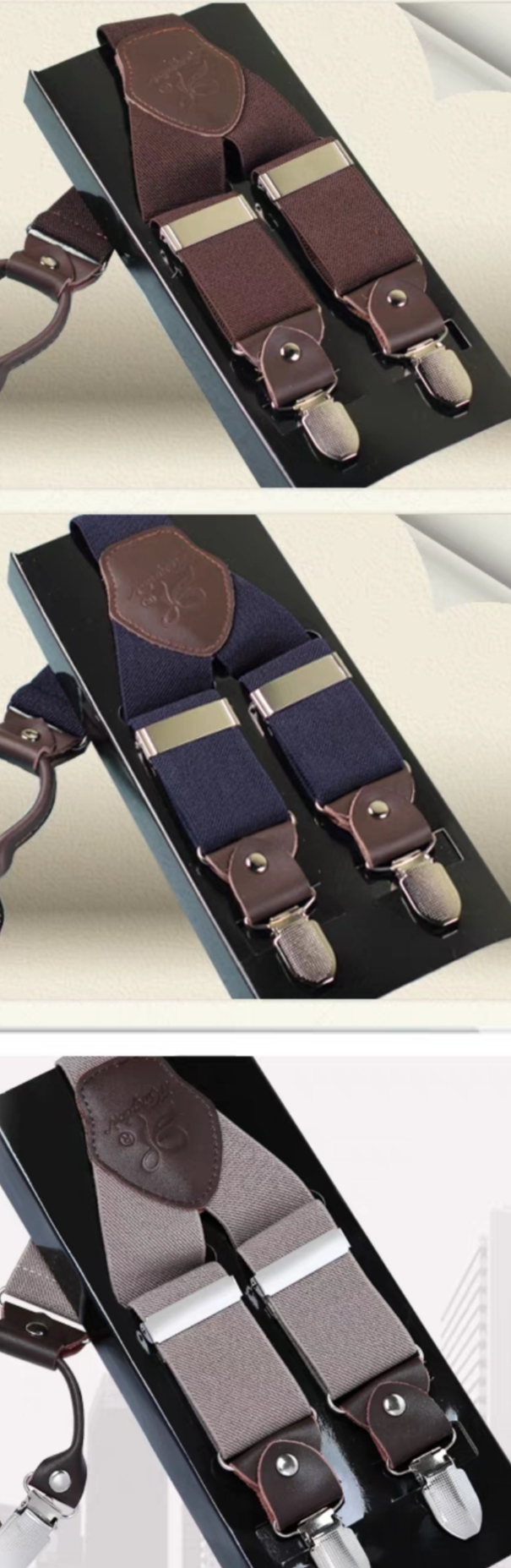 สายรัดกางเกงเอี๊ยม มาตรฐาน 4จุด หูคู่ ไม่เป็นสนิม แบบ Y กว้าง 3.5cm แบหูคู่ หนังแท้ สี น้ำเงิน น้ำตาล น้ำตาลแดง แดง ขาว เนื้อ ดำ เทา