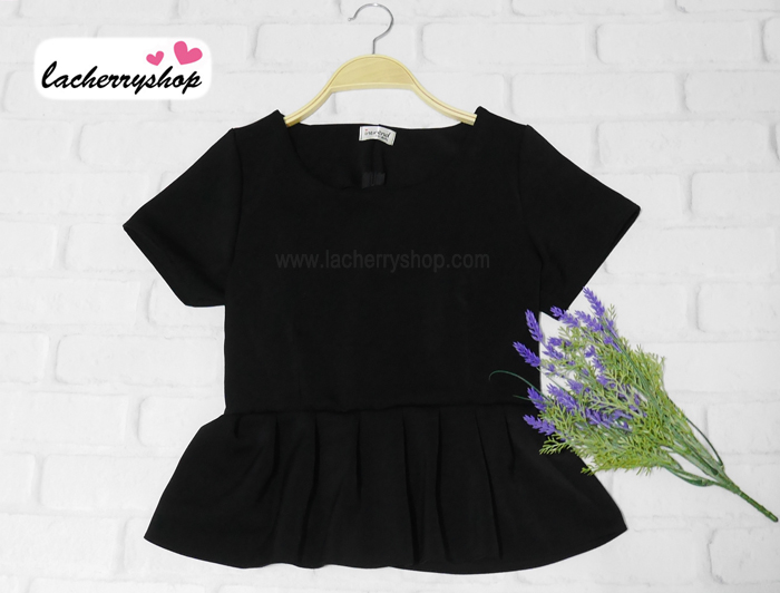 เสื้อแฟชั่น เสื้อทำงาน ผ้าฮานาโกะ สีดำ แต่งระบายเอว แบบสวยเรียบร้อย สินค้าคุณภาพ ราคาไม่แพง