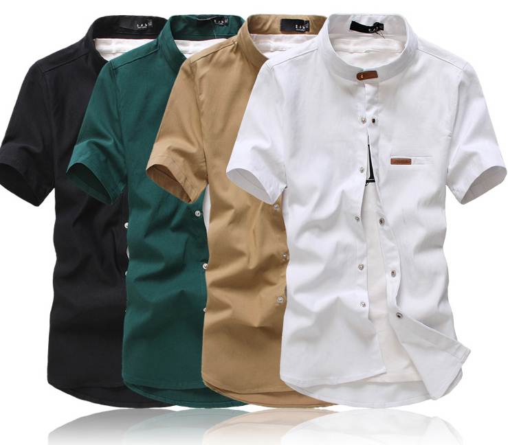 เสื้อเชิ้ตคอจีนแขนสั้น แต่งคอเข็มขัด สีดำ เขียว กากี No.34 36