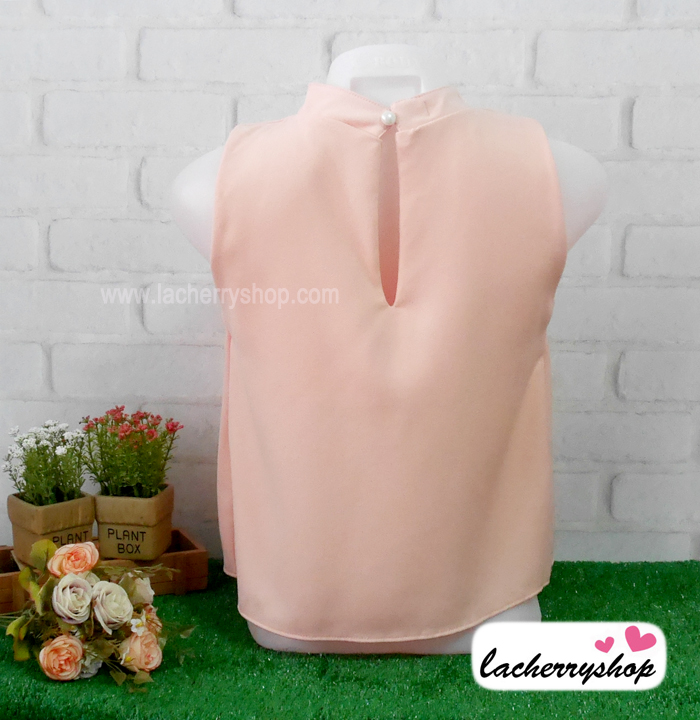 เสื้อแฟชั่น เสื้อทำงาน ผ้าฮานาโกะ แบบสวย สีโอรส คอจีน แขนกุด ใส่ได้หลายโอกาส เนื้อผ้า อยู่ทรง ไม่ยับง่าย ใส่สบาย สินค้าคุณภาพ ราคาไม่แพง