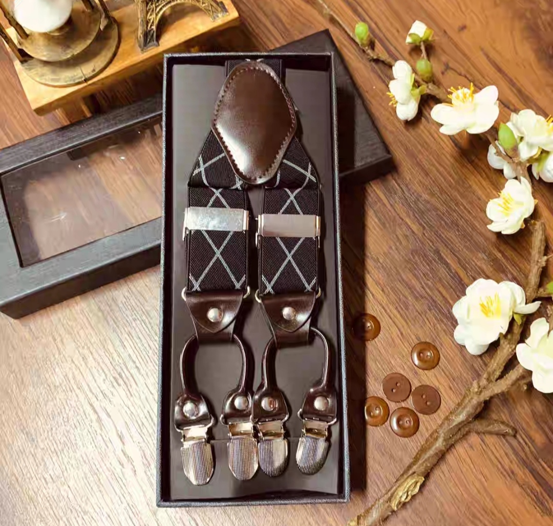 สายรัดกางเกงเอี๊ยม มาตรฐาน 6จุด หูคู่ หนังแท้ คลิบสเตนเลส กว้าง 3.5cm แบบ Y หลากสี ลายดำ พื้นดำ พื้นเทา