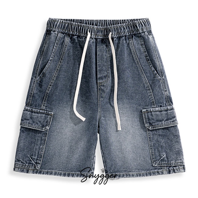 กางเกงยีนส์คาร์โก้วินเทจ เอวยืด สีน้ำเงินเทา