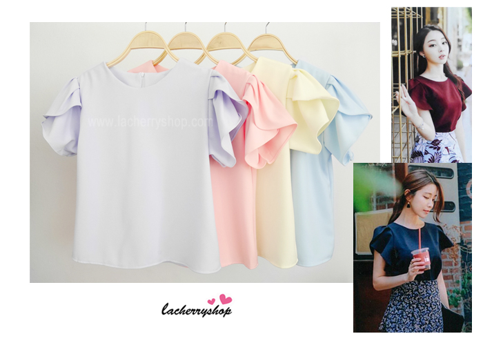 เสื้อผ้าแฟชั่นสวยๆ เสื้อทำงาน ทรงแขนกลีบบัว สีเหลือง ผ้าฮานาโกะ แบบสวยหวานๆสไตล์เกาหลี