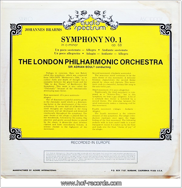 Johannes Brahms - Symphony No.1In C Minor Opus 68 (USA) 1Lp VG=+