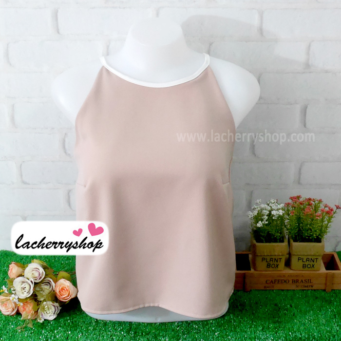 เสื้อผ้าแฟชั่นสวยๆ เสื้อสายเดี่ยว สีนู้ด ผ้าฮานาโกะ แบบสวยน่ารักๆค่ะ มีซิปหลัง