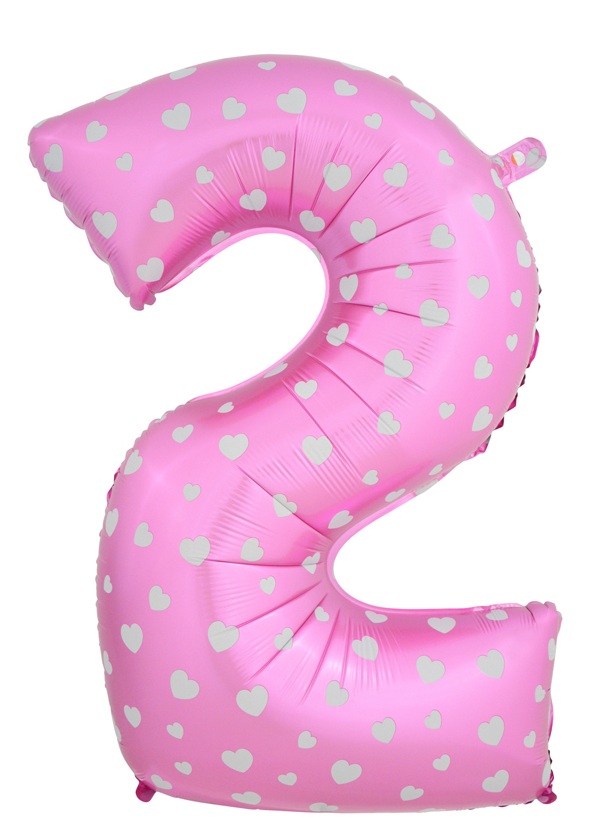 ลูกโป่งฟอยล์รูปตัวเลข 2 สีชมพูพิมพ์ลายหัวใจ ไซส์จัมโบ้ 40 นิ้ว - Number 2 Shape Foil Balloon Size 40" Pink Color printing Heart