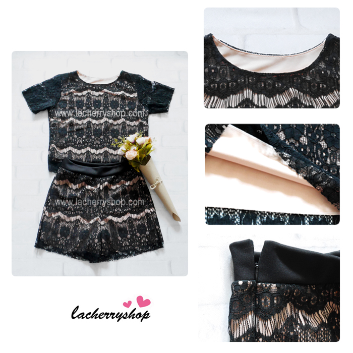 ชุดเสื้อ+กางเกง ผ้าลูกไม้ สีดำ มีซับในอย่างดี สวยหวาน สินค้าคุณภาพ ราคาไม่แพง