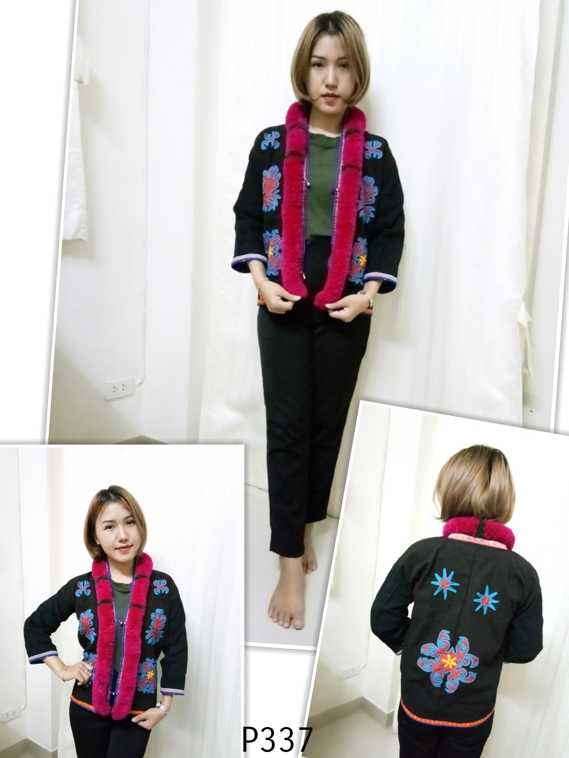 เสื้อคลุมผู้หญิง แต่งพู่แดง ตกแต่งลายดอกด้านหน้า-หลัง