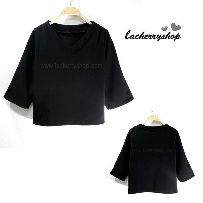 เสื้อผ้าแฟชั่น เสื้อทำงานสีดำ สไตล์เกาหลี คอวี แขนสามส่วน ผ้าฮานาโกะ แบบสวยเรียบหรู ใส่ได้ทุกโอกาส คุณภาพดี ราคาไม่แพง