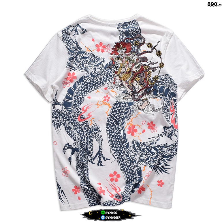 เสื้อยืด สกรีนลายมังกร ปักลายเทพอสูร สีขาว