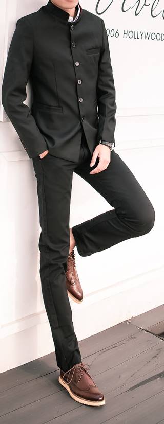 สีพิเศษ ชุดสูท คอจีนกระดุมดำ เสื้อ+กางเกง สลิม Size No.36 38 40 42 44 46 ดำ ม่วง แดง แดงไวน์ เขียว ฟ้า เทาอ่อน เทาเข้ม น้ำเงิน น้ำเงินกรม