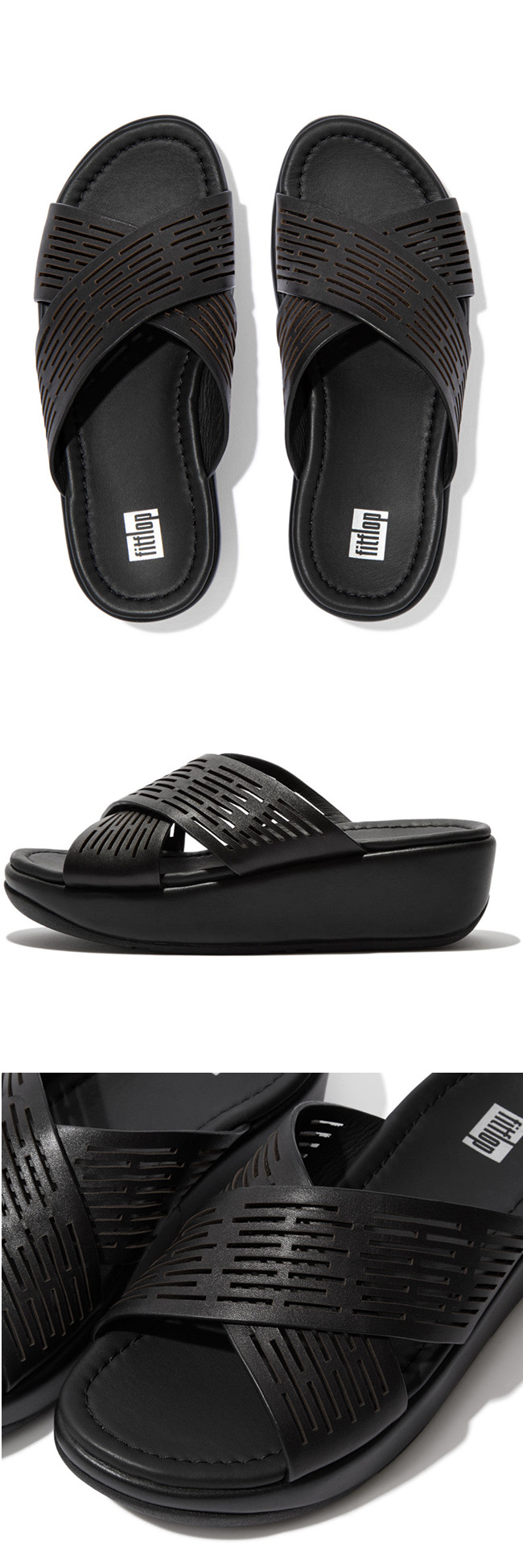 US5 : Fitflop Lulu Sleek Laser-Cut Slide Black ของแท้ นำเข้าจาก USA และ UK