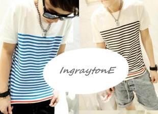 เสื้อยืดแฟชั่น สีขาวลายตรง ชายแดง No.35 ลายน้ำเงิน