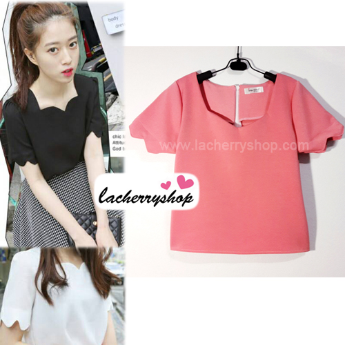 เสื้อแฟชั่นผ้าฮานาโกะ เสื้อทำงาน สีชมพู คอและแขนเป็นหยักๆ สวยหวาน สินค้าคุณภาพ ราคาไม่แพง