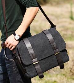 กระเป๋าวินเทจ messenger สะพาย 2เข็มขัด ผ้าใบ สไตล์อังกฤษ สีดำเทา