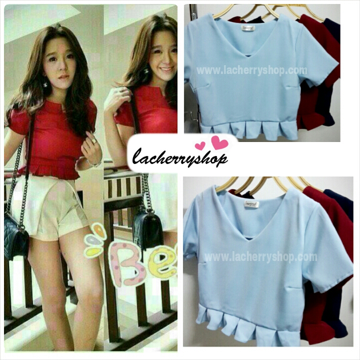 เสื้อแฟชั่น ผ้าฮานาโกะ สีฟ้า แต่งระบายเอวน่ารักๆ สินค้าคุณภาพ ราคาไม่แพง