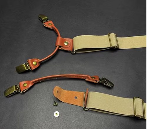 สายรัดกางเกงเอี๊ยม มาตรฐาน 6จุด คลิบหูคู่หนังแท้ กว้าง 3cm แบบ Y ครีม