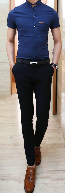 เสื้อเชิ้ตคอจีนแขนสั้น แต่งคอเข็มขัด สีดำ เขียว กากี No.34 36