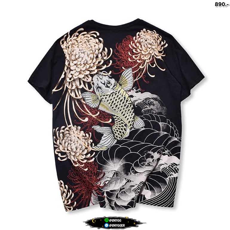 เสื้อยืด สกรีนลายดอกไม้+ปักลายปลา ดำ