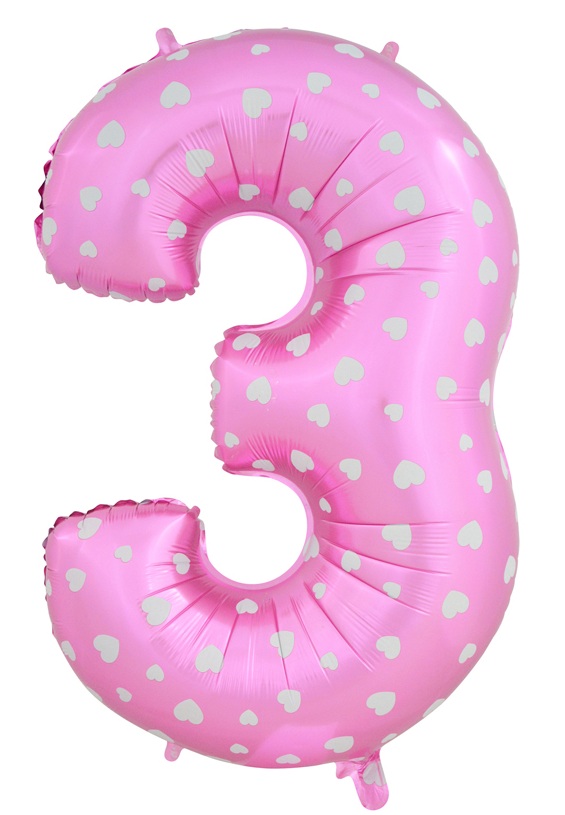 ลูกโป่งฟอยล์รูปตัวเลข 3 สีชมพูพิมพ์ลายหัวใจ ไซส์จัมโบ้ 40 นิ้ว - Number 3 Shape Foil Balloon Size 40" Pink Color printing Heart