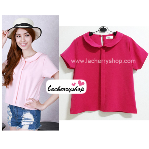 เสื้อแฟชั่น เสื้อทำงาน ผ้าฮานาโกะ สีชมพูเข้ม คอปกน่ารักๆ สินค้าคุณภาพ ราคาไม่แพง
