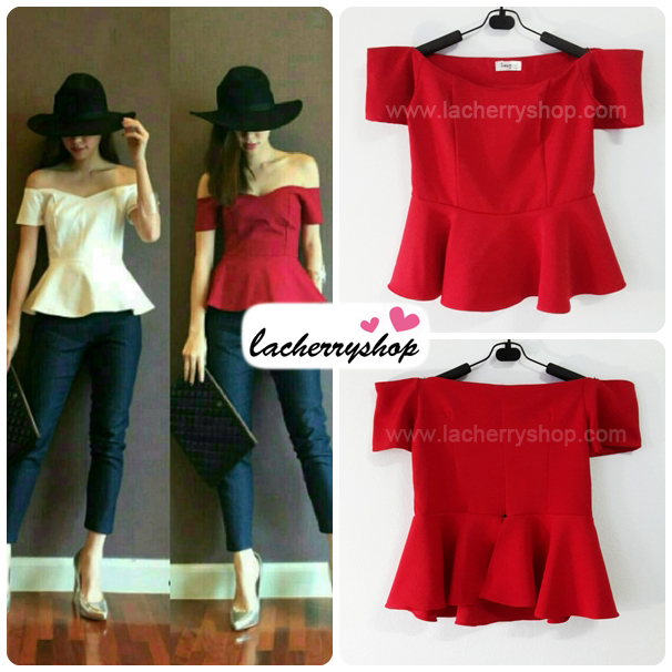 เสื้อแฟชั่นผ้าฮานาโกะ เสื้อทำงาน สีแดง มีแขนเปิดไหล่ เซ็กซี่ๆ สินค้าคุณภาพดี ราคาไม่แพง