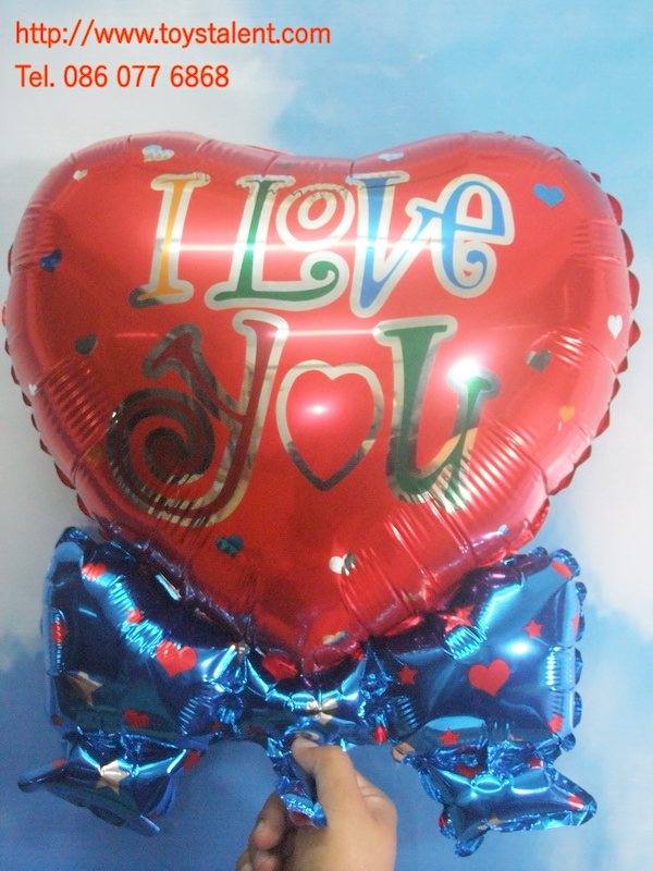 ลูกโป่งฟลอย์รูปหัวใจแดงผูกโบว์เล็ก พิมพ์ลาย I LOVE YOU ไซส์ 19 นิ้ว - I Love You Heart Shape Foil Balloon / TL-E059
