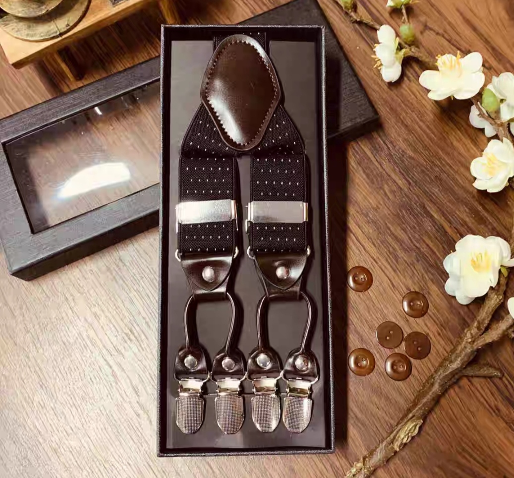 สายรัดกางเกงเอี๊ยม มาตรฐาน 6จุด หูคู่ หนังแท้ คลิบสเตนเลส กว้าง 3.5cm แบบ Y หลากสี ลายดำ พื้นดำ พื้นเทา