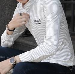 เสื้อเชิ้ตคอจีนแขนยาว แฟชั่นลายทาง Size No.34 36 38 40 42 สี เขียว ดำ ชมพู เหลือง