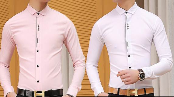 เสื้อเชิ้ตแขนยาว สลิมฟิต แฟชั่นปกเล็ก แต่งสาบ กระดุมดำ สีขาว No.36 38