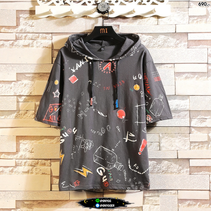เสื้อยืดมีฮู้ด สกรีนลาย สีเทา L