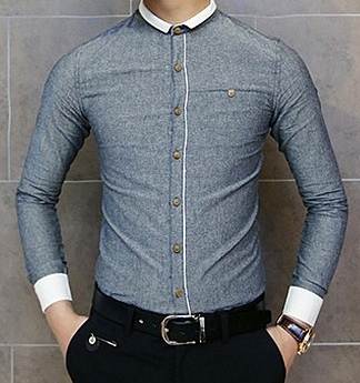เสื้อเชิ้ตปกเล็กแขนยาวแต่งริบคอแขน สีเทา No.39