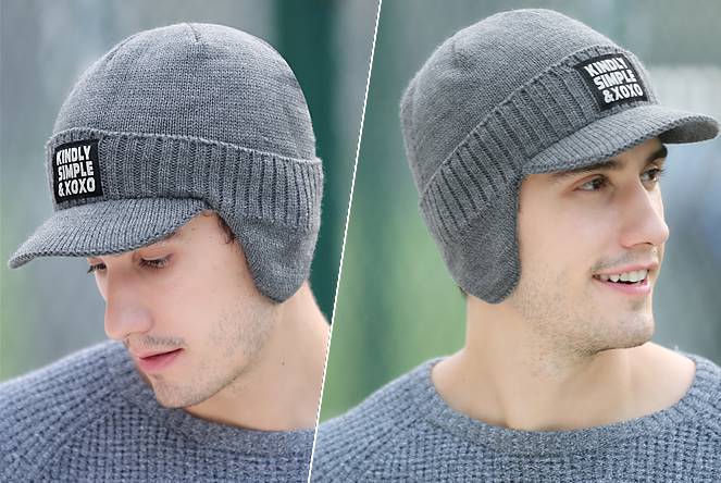 หมวกถัก หมวกไหมพรมกันหนาว +หมวกแก๊บมีปีก ปิดหู สีเทา ดำ แดง น้ำตาล