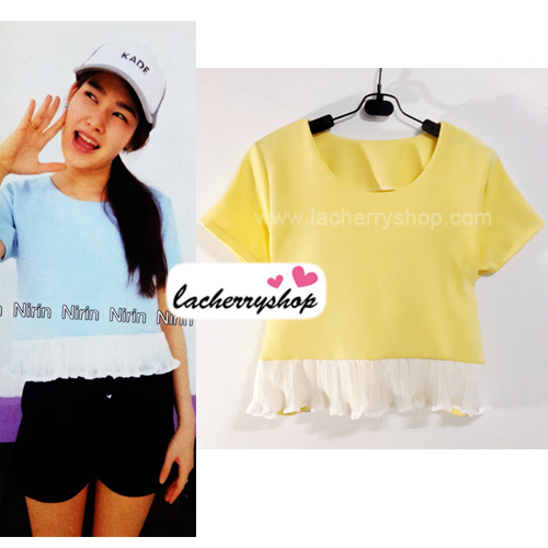 เสื้อแฟชั่น เสื้อทำงาน ผ้าฮานาโกะ สีเหลือง พาสเทล สดใส แต่งเอวผ้าซีฟองพริ้วๆ น่ารักมากๆ สินค้าคุณภาพ ราคาไม่แพง