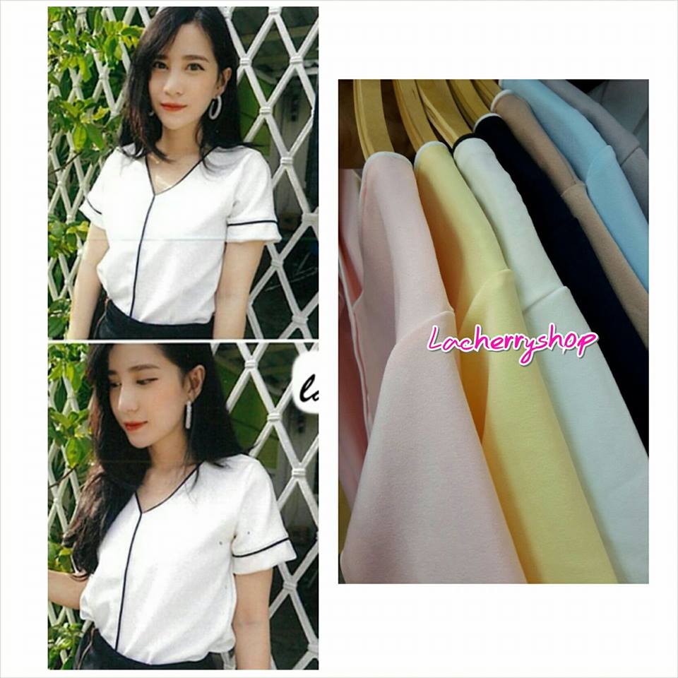 เสื้อผ้าแฟชั่นสวยๆ เสื้อทำงาน สีชมพูอ่อน ผ้าฮานาโกะ คอวี กุ้นขอบสีขาวตัดกัน แบบสวย ดีไซน์เก๋ๆ สินค้าคุณภาพดี