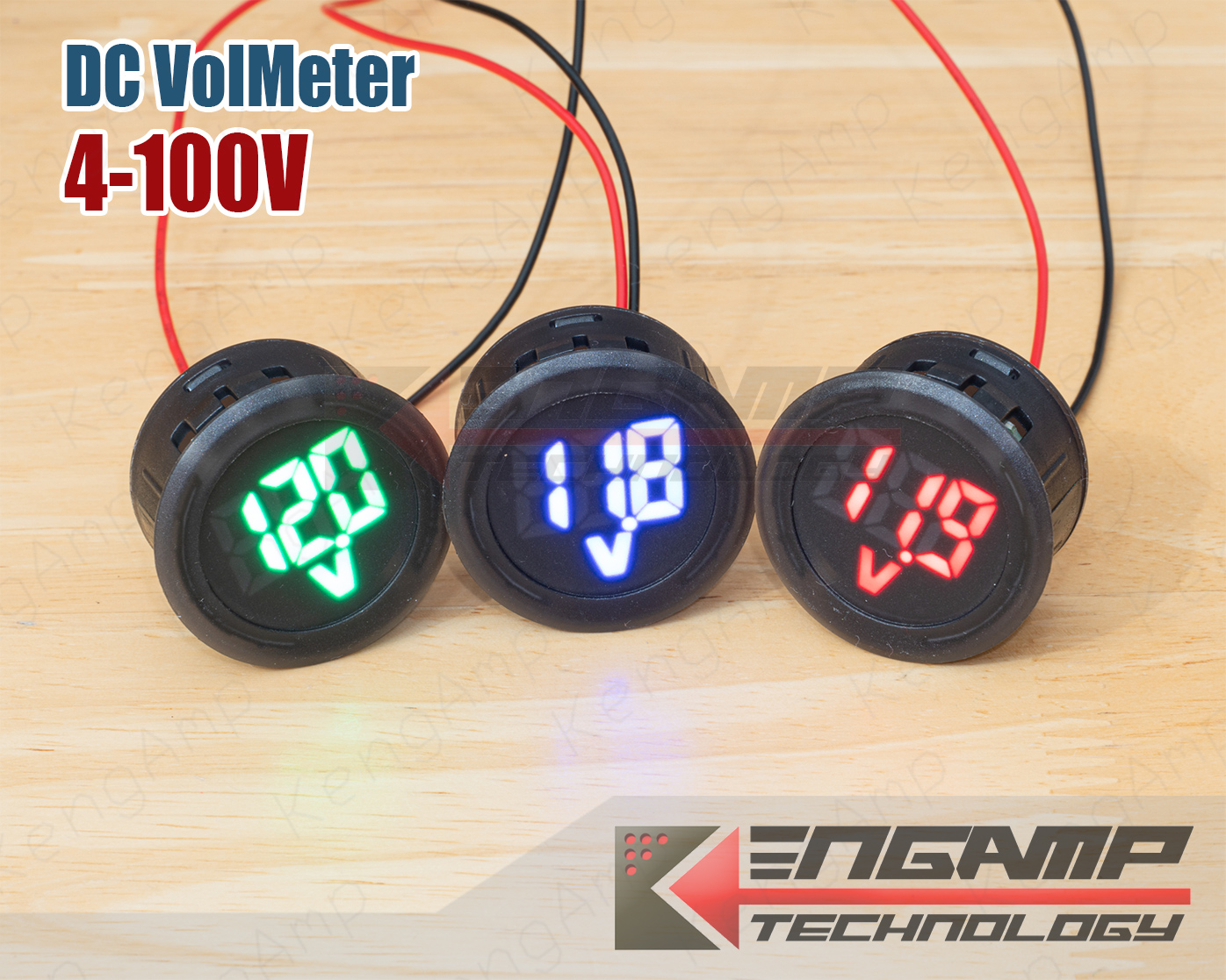 (สินค้ามีตัวเลือก) [KIT] DC Voltmeter แบบกลม 4-100Vdc มี สีแดง น้ำเงิน เขียว สำหรับฝังแท่น รูติดตั้ง 30mm