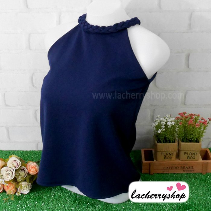 เสื้อแฟชั่นสวยๆ เสื้อทำงาน ผ้าฮานาโกะ สีกรมท่า คอถักเปีย แบบยอดนิยม สวยน่ารักมากๆค่า