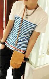 เสื้อยืดแฟชั่น สีขาวลายตรง ชายแดง No.35 ลายน้ำเงิน