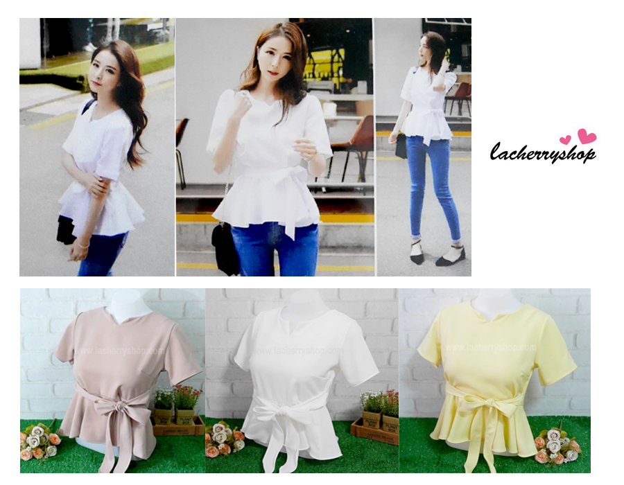 เสื้อผ้าแฟชั่นสวยๆ เสื้อทำงานสีนู้ด ผ้าฮานาโกะ แต่งระบายเอว มีสายมัดโบว์ สวยหวานสไตล์เกาหลี ใส่ได้หลายสไตล์ เว้าคอ มีซิปหลัง ใส่ได้ทุกโอกาส