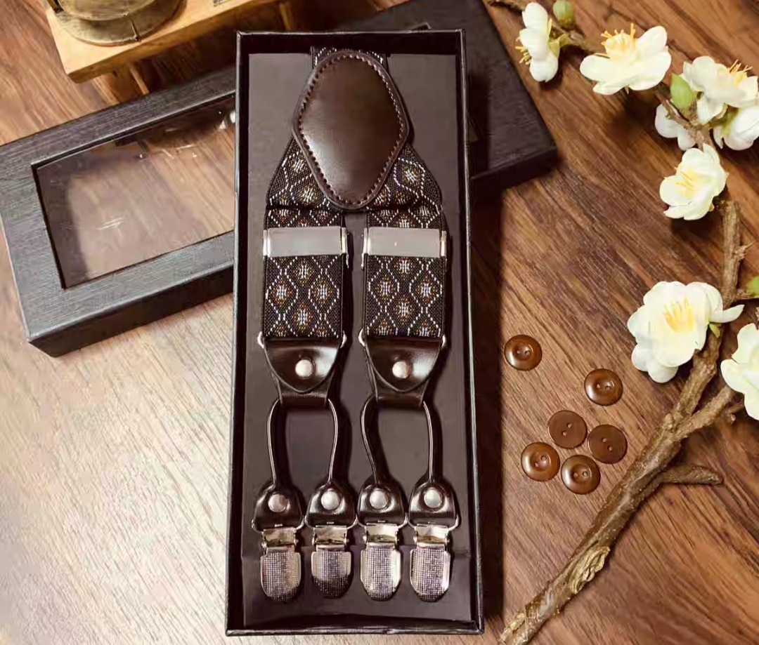 สายรัดกางเกงเอี๊ยม มาตรฐาน 6จุด หูคู่ หนังแท้ คลิบสเตนเลส กว้าง 3.5cm แบบ Y หลากสี ลายดำ พื้นดำ พื้นเทา