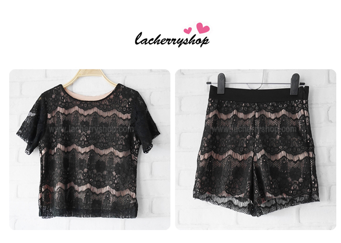 ชุดเสื้อ+กางเกง ผ้าลูกไม้ สีดำ มีซับในอย่างดี สวยหวาน สินค้าคุณภาพ ราคาไม่แพง