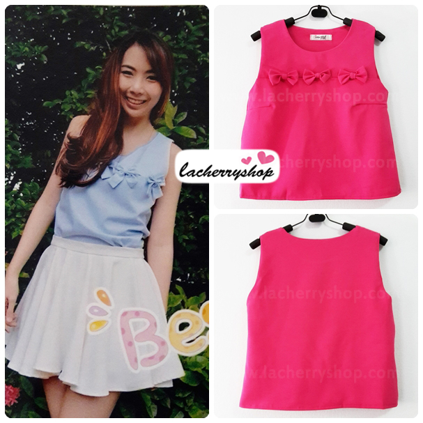 เสื้อแฟชั่น สีชมพู แขนกุด ผ้าฮานาโกะ ทรงสวย แต่งโบว์ช่วงอกน่ารักๆ เนื้อผ้านิ่ม อยู่ทรง ไม่ยับง่าย ใส่สบาย สินค้าคุณภาพ ราคาไม่แพง