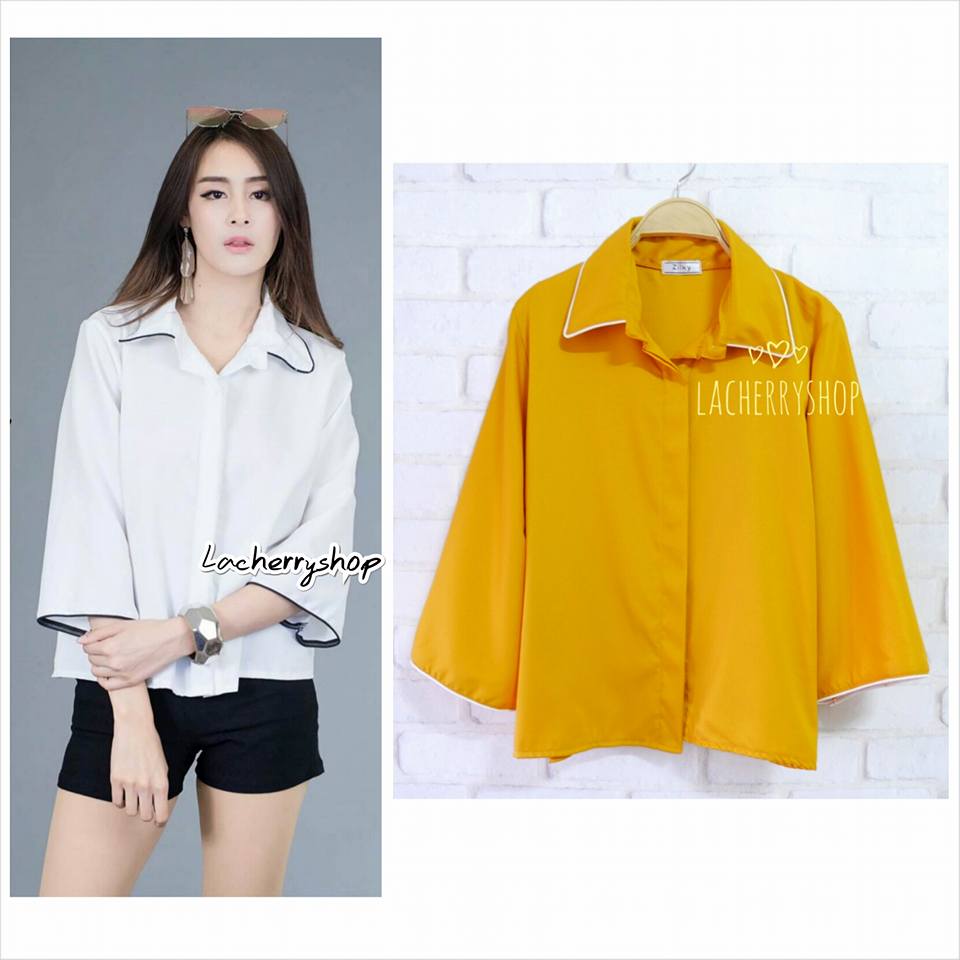 เสื้อแฟชั่น เสื้อทำงาน สีเหลืองมัสตาร์ด รุ่นคอปก กุ้นขอบ แขนยาว กระดุมซ่อน แบบสวยเก๋ๆ