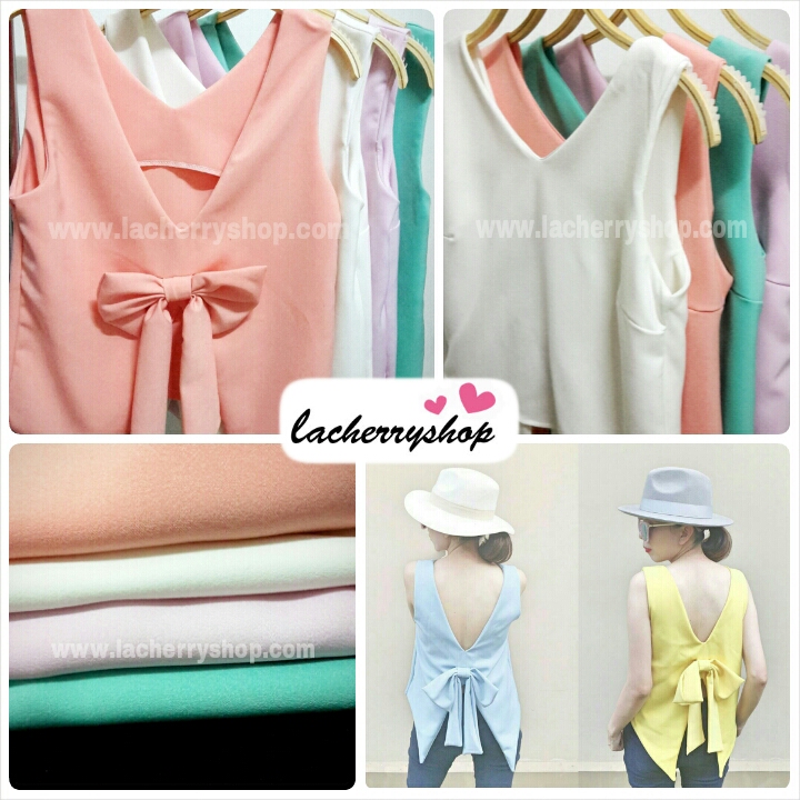 เสื้อแฟชั่น ผ้าฮานาโกะ สีพาสเทล โอรส แขนกุด ผูกโบว์ด้านหลัง แบบสวยน่ารัก สินค้าคุณภาพ ราคาไม่แพง
